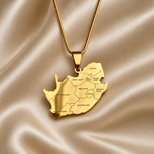Gold South Africa necklace worn on model